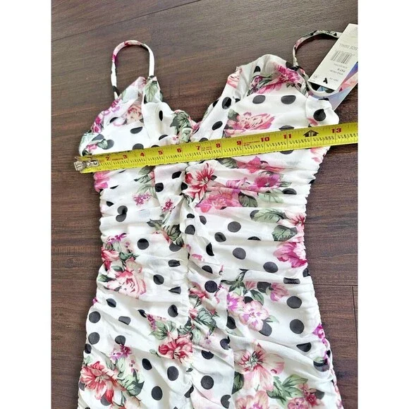 BCX Women Juniors' Mixed-Print Ruched Ruffled Bodycon Dress White multi Small - Picture 11 of 12